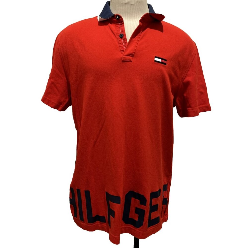 Tommy Hilfiger Denim Polo Shirt Men’s X-Large Red Spell Out Logo Rugby Casual